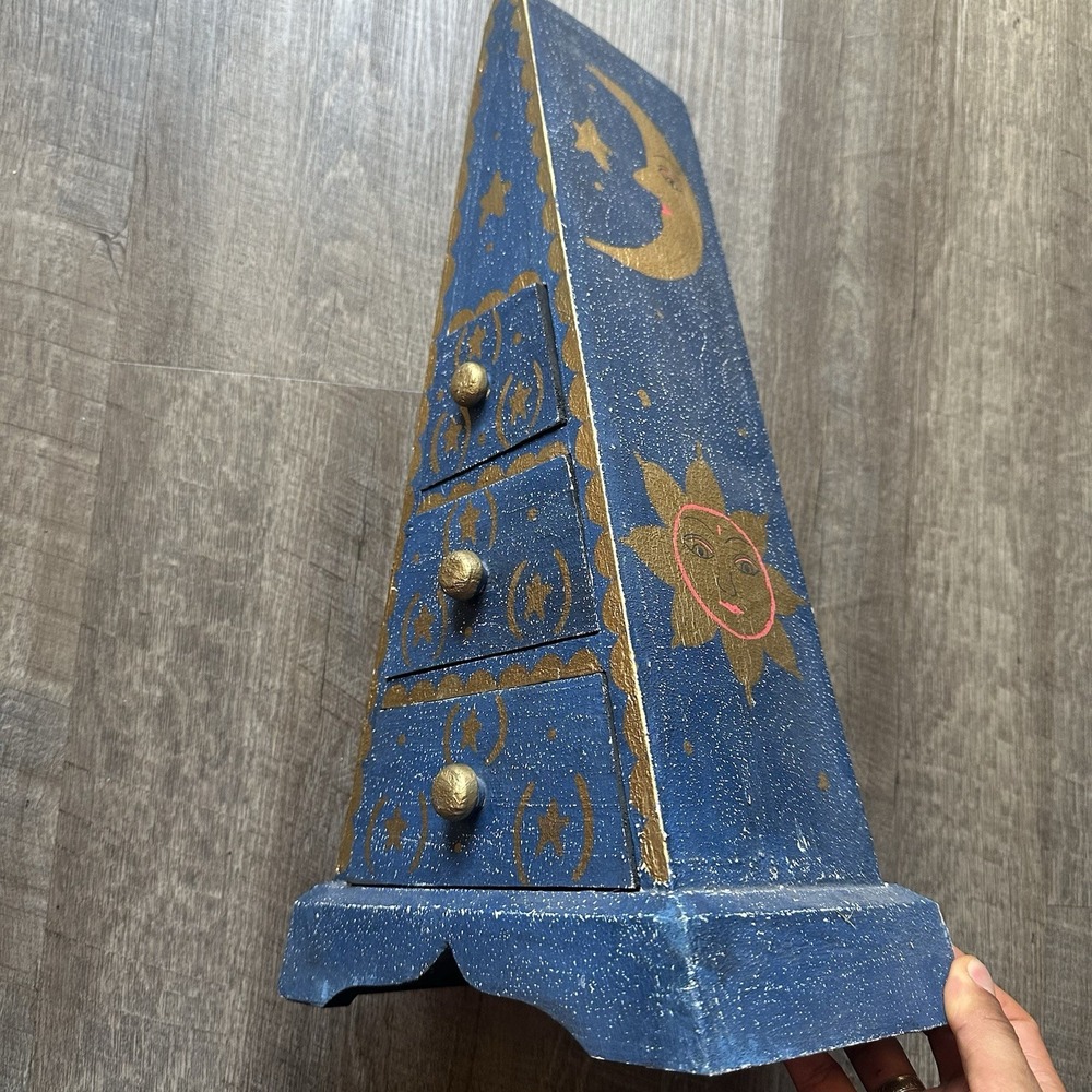 VTG Folk Art Wood Pyramid Drawers Hand Painted? Celestial Sun Moon Vintage Chest